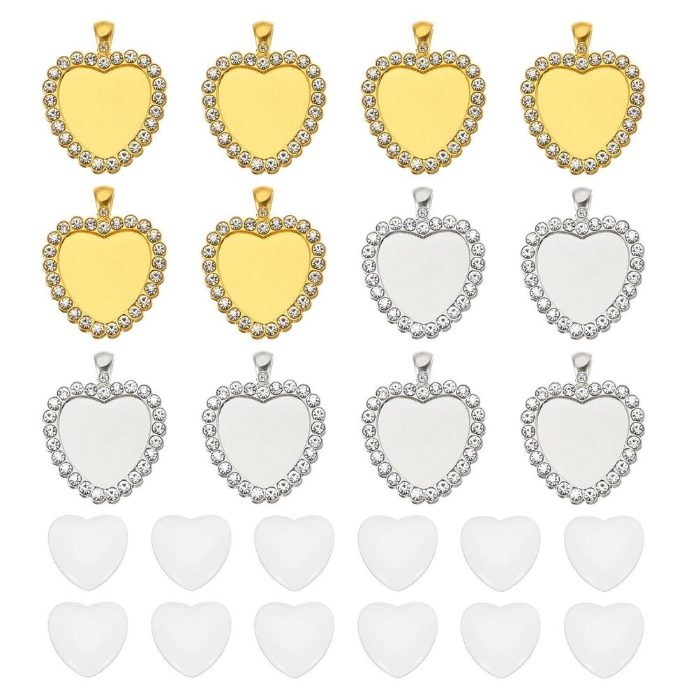 1560 1" Blank Charm Pendants, 12Pcs Metal Heart Rhinestone Bezel Pendant